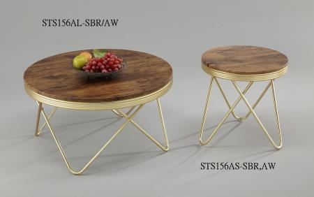 Chic Styling Coffee Table Sets - STS156A- L & S | , Satin Brass cross V-shap legs , Wave pattern metal ring & "Vintage Walnut " PVC foil tabletop