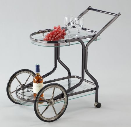 Glass Bar Cart - SA053B | , tempered glass in black nickel, chrome or brass  metal finishing. 2 big carriage wheels .