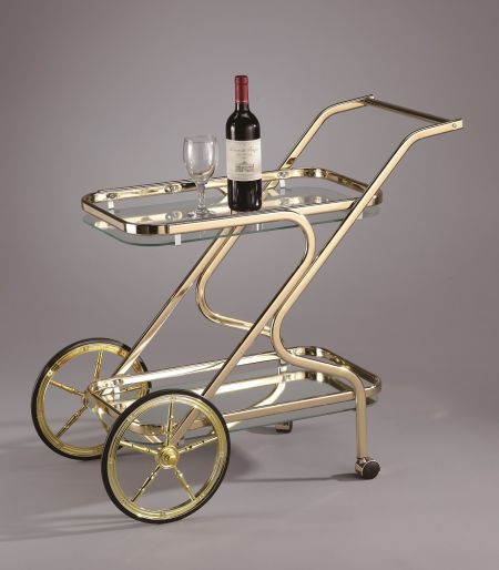 Glass Serving bar  Cart - SA054 | , tempered glass in black nickel, chrome or brass  metal finishing. 2 big carriage wheels .
