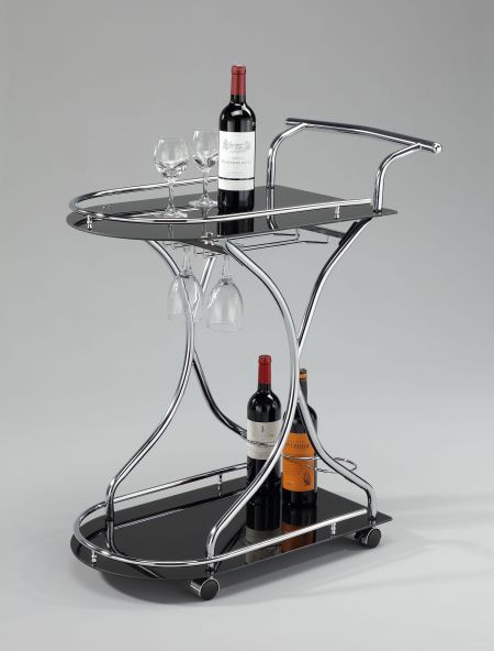 2-tier Glass Serving Rolling  Bar Cart - STR027 | , tempered glass tiers, three bottles holders and two rolls of glass racks . Chrome or Brass metal frame available.
