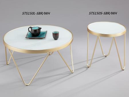Chic Styling Coffee Table Sets - STS150 L & S | , satin brass V-shap legs & tempered white glass top