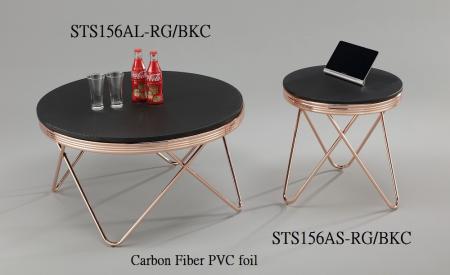 Chic Styling Coffee Table Sets - STS156A- L & S | ,rose gold cross V-shap metal legs , Wave pattern metal ring &  "Carbon Fiber " PVC foil tabletop .