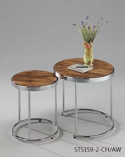 Living Room Furniture 2 pc Nesting Table - STS159-2 | ,chrome plating metal frame , vintage walnut round table top.