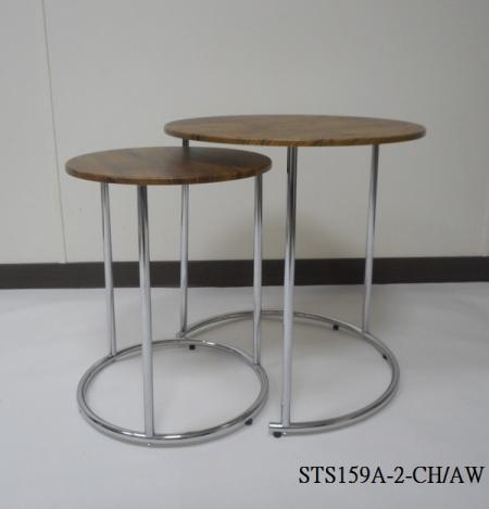 Living Room Furniture 2 pc Nesting Table - STS159-2 | ,chrome plating metal frame , vintage walnut round table top.
