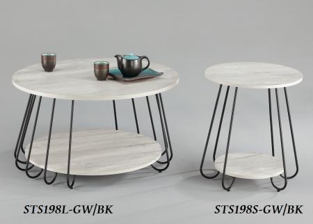 Chic Round Coffee Side Table Set - STS198-L&S-GW/BK | , Top & bottom boards are MDF with textured Grey-Wash paper veneering. Curved metal frame in black sanded powder coating.